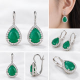 Natural Green Agate Pear-Shaped Halo Earrings in 925 Sterling Silver