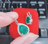 Natural Green Agate Pear-Shaped Halo Earrings in 925 Sterling Silver