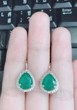 Natural Green Agate Pear-Shaped Halo Earrings in 925 Sterling Silver